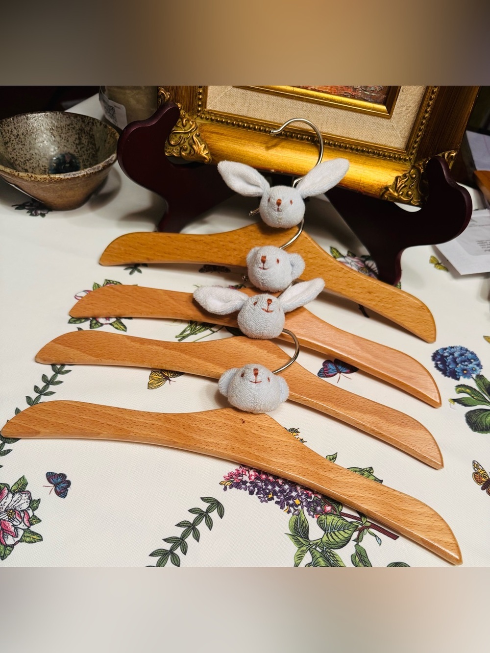 Kids Wooden Hanger Set with White Bunny Plush Tops